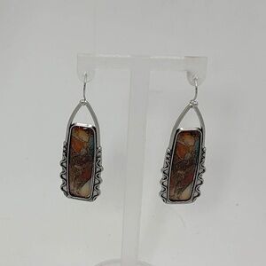Earth Tone Stone Drop Earrings – Silver Tone Boho Statement